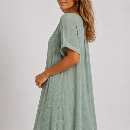 Robe longue fluide vert clair à encolure en V, manches courtes évasées