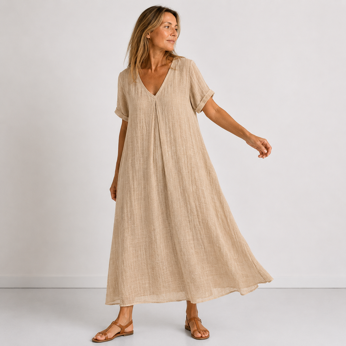 Robe longue fluide beige à encolure en V, manches courtes, tissu léger et froissé