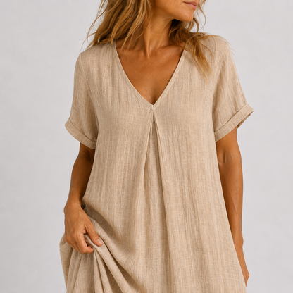 Robe longue fluide beige à encolure en V, manches courtes, tissu texturé léger