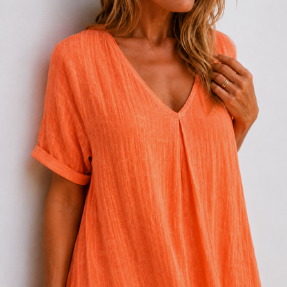 Robe longue fluide orange à encolure en V, manches courtes, coupe ample