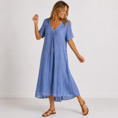 Robe longue fluide bleue à encolure V, manches courtes, coupe ample