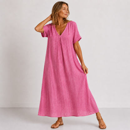 Robe longue fluide rose fuchsia à encolure V, manches courtes, coupe ample