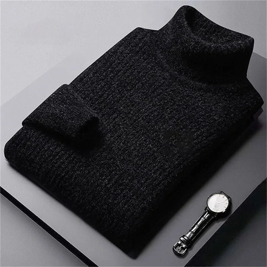 Pull col roulé homme en maille noire chinée, coupe droite