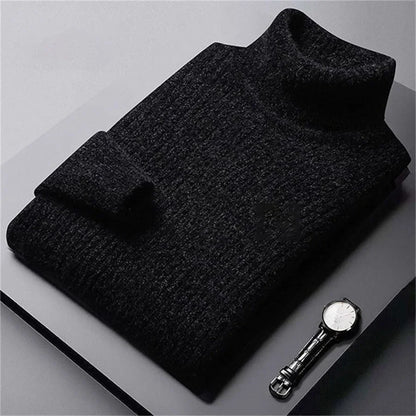 Pull col roulé homme en maille noire chinée, coupe droite