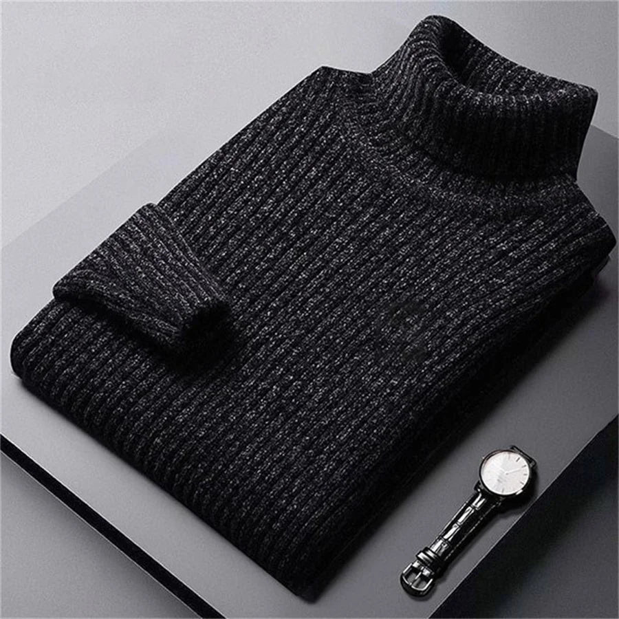 Pull col roulé homme en maille noire chinée, col côtelé épais