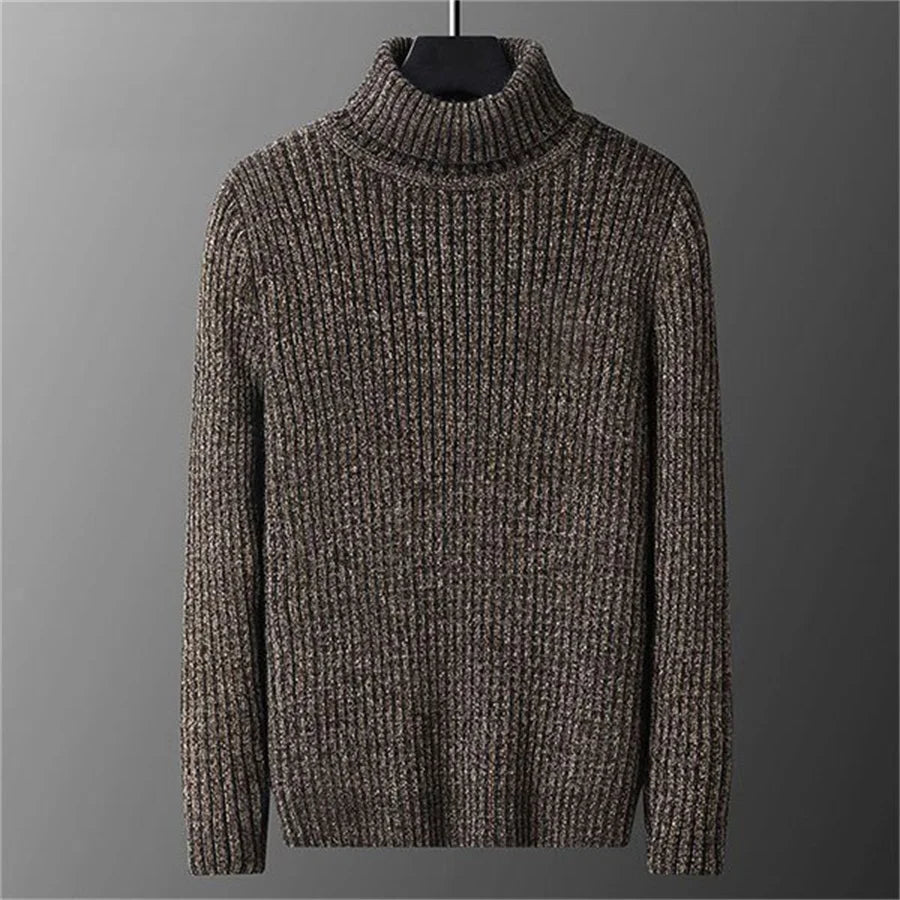 Pull col roulé homme en maille chinée gris foncé, coupe près du corps