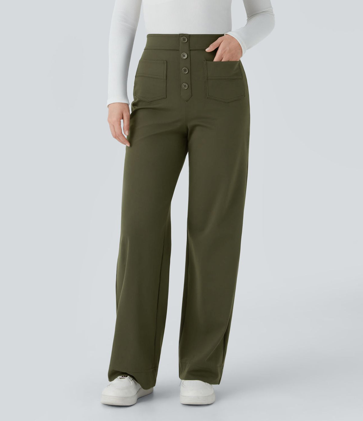 Pantalon élastique taille haute vert olive foncé, poches avant, jambes larges