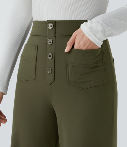 Pantalon élastique vert olive à bouton, poches avant et arrière, jambes droites