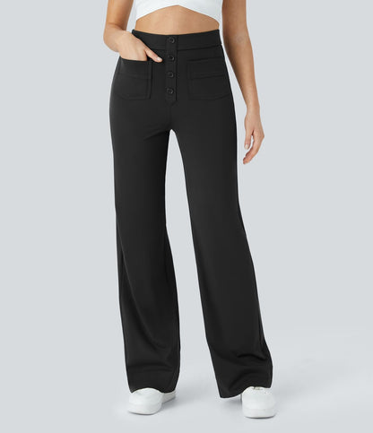 Pantalon élastique taille haute noir, poches avant, boutons devant, jambes larges