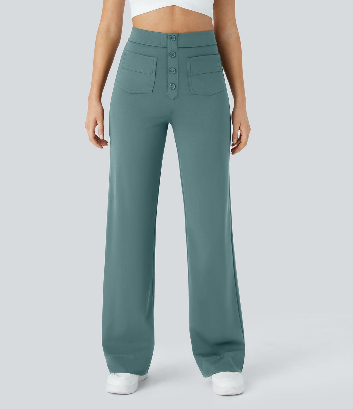 Pantalon élastique taille haute vert d’eau, poches avant, fermeture à boutons