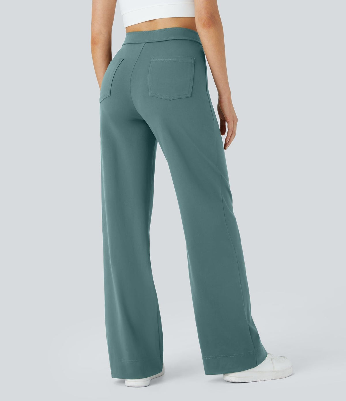Pantalon vert bleuté à taille élastique, poches plaquées, coupe droite