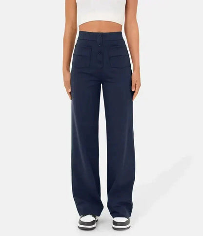 Pantalon élastique taille haute bleu marine, boutons devant, poches avant, jambes larges