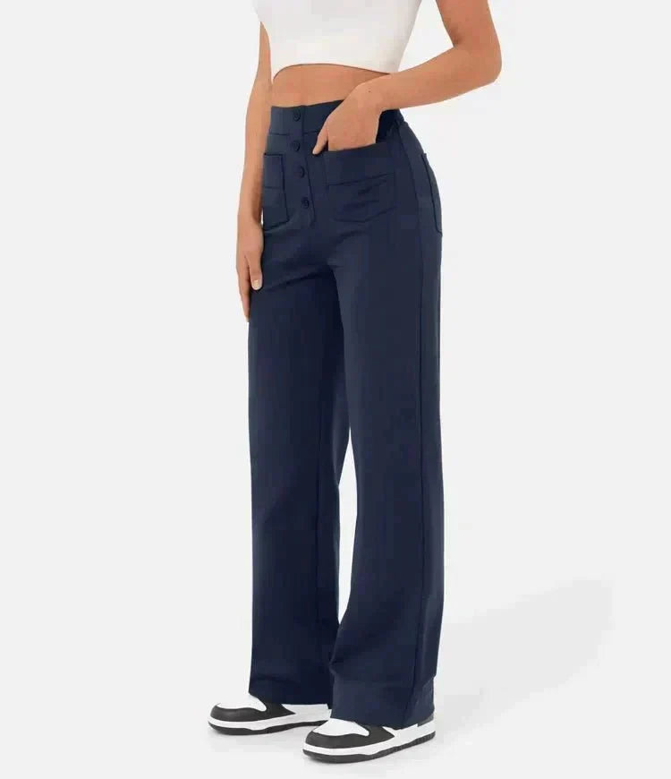 Pantalon bleu marine à jambes droites, poches avant et arrière, taille élastique