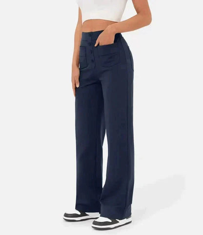 Pantalon bleu marine à jambes droites, poches avant et arrière, taille élastique