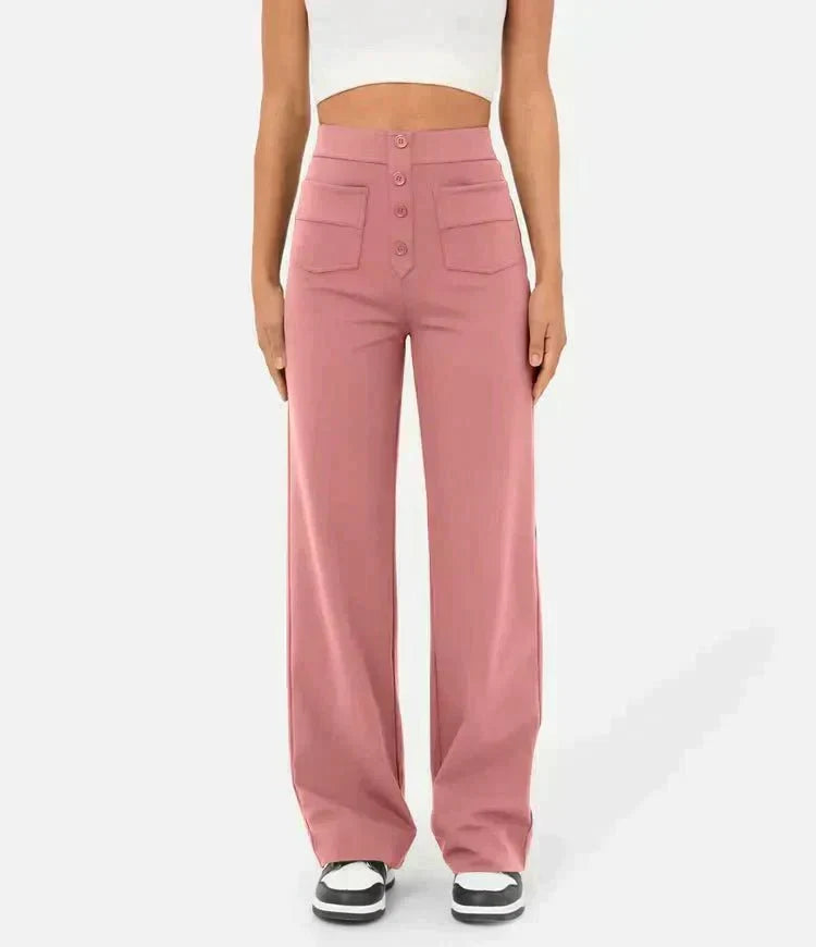 Pantalon élastique taille haute rose, poches avant, jambes droites larges