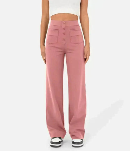 Pantalon élastique taille haute rose, poches avant, jambes droites larges