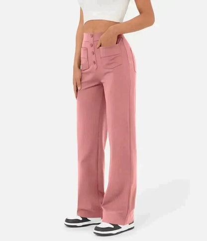 Pantalon rose à taille élastique, poches avant et boutonnière décorative