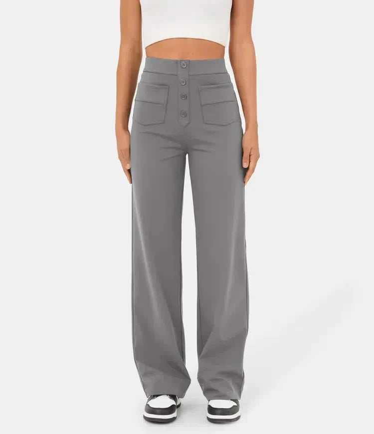 Pantalon élastique droit gris avec taille élastiquée et poches plaquées à boutons