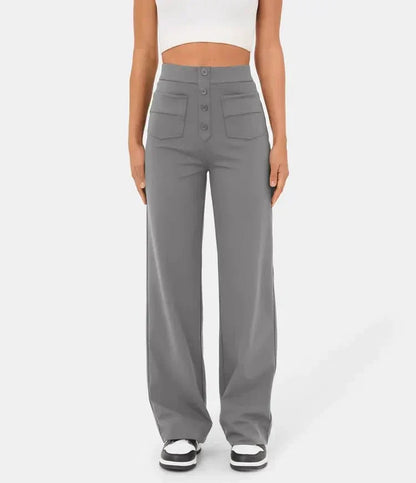 Pantalon élastique droit gris avec taille élastiquée et poches plaquées à boutons