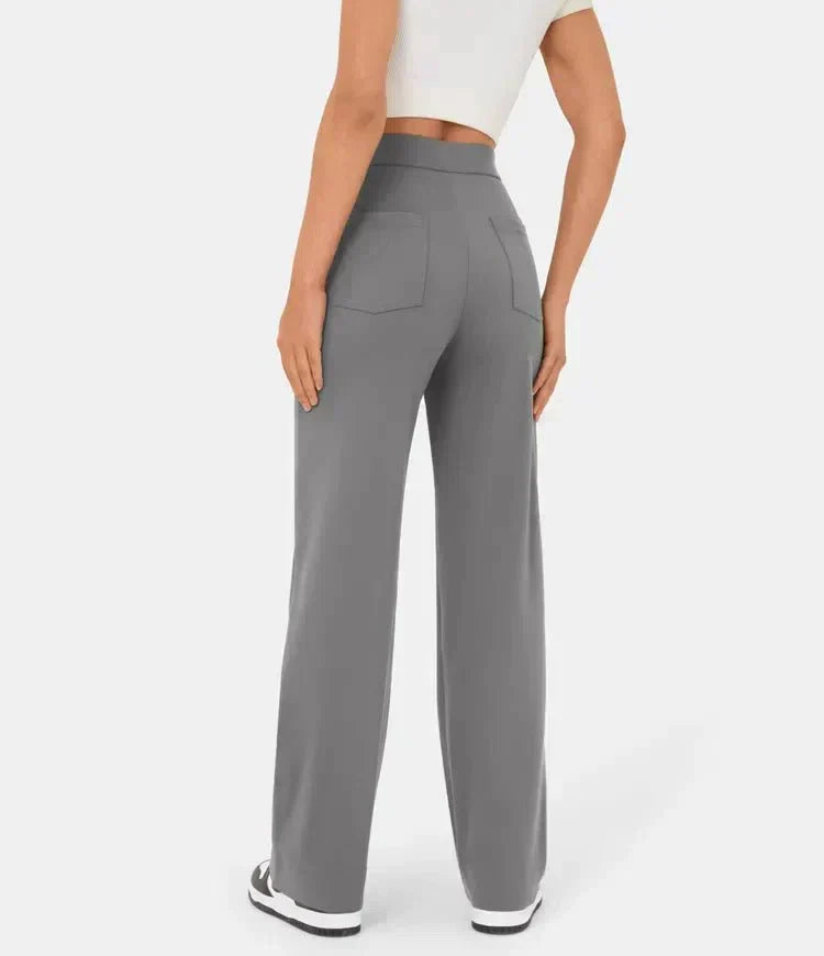 Pantalon élastique taille haute gris, jambes droites larges, poches avant