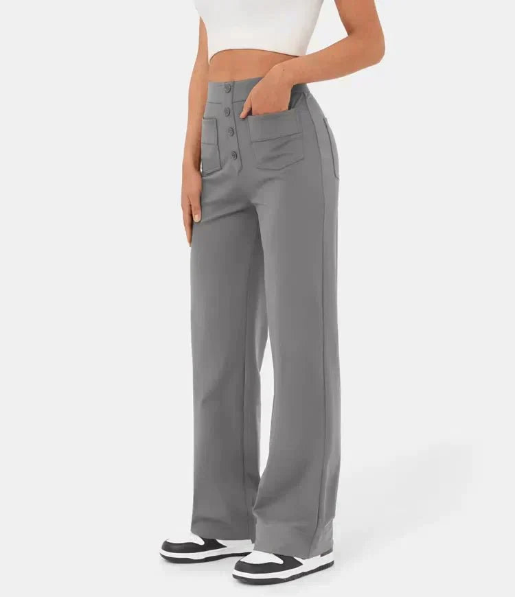 Pantalon élastique taille haute gris, boutons devant, poches avant, jambes larges