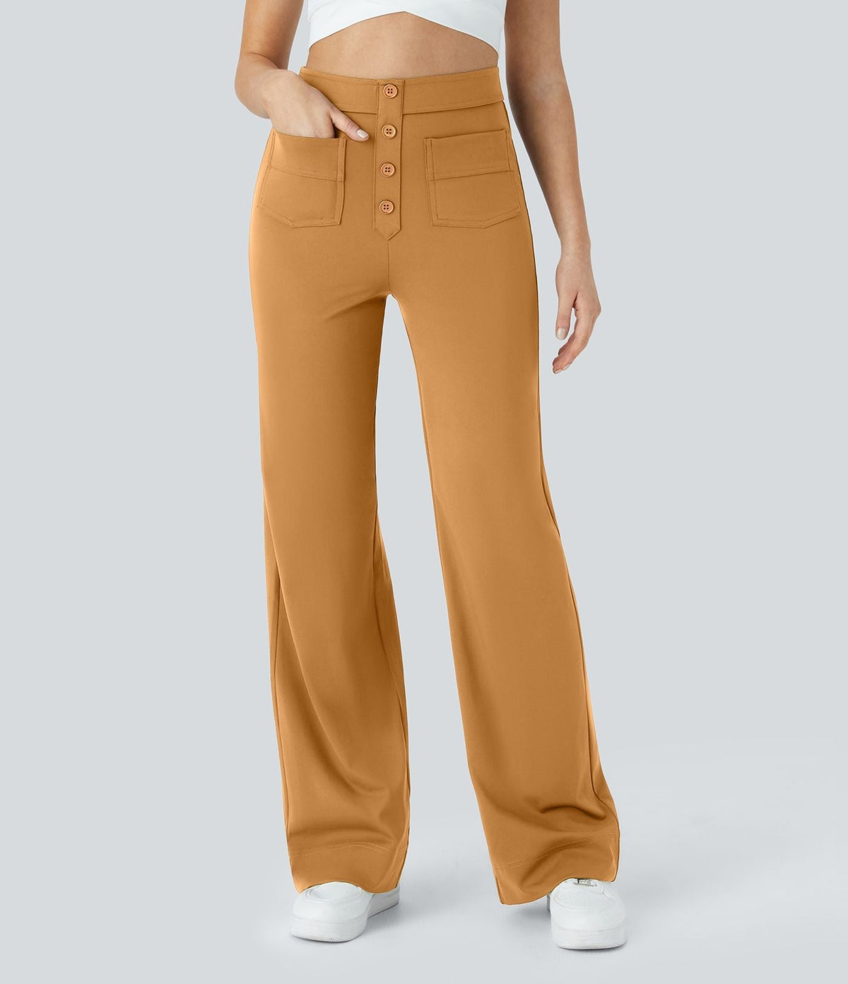 Pantalon élastique droit marron avec taille élastiquée et poches plaquées à boutons