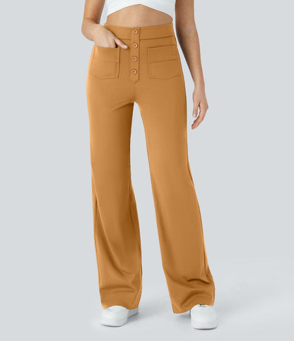 Pantalon élastique droit marron avec taille élastiquée et poches plaquées à boutons