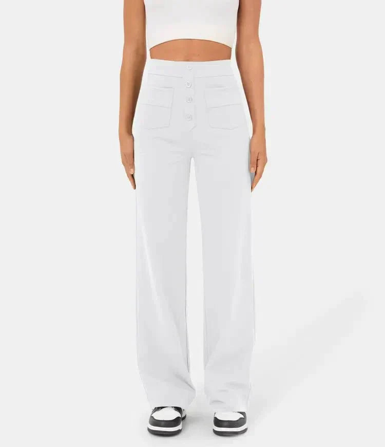 Pantalon élastique droit blanc avec taille élastiquée et poches plaquées à boutons