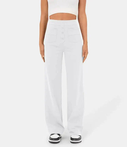 Pantalon élastique droit blanc avec taille élastiquée et poches plaquées à boutons