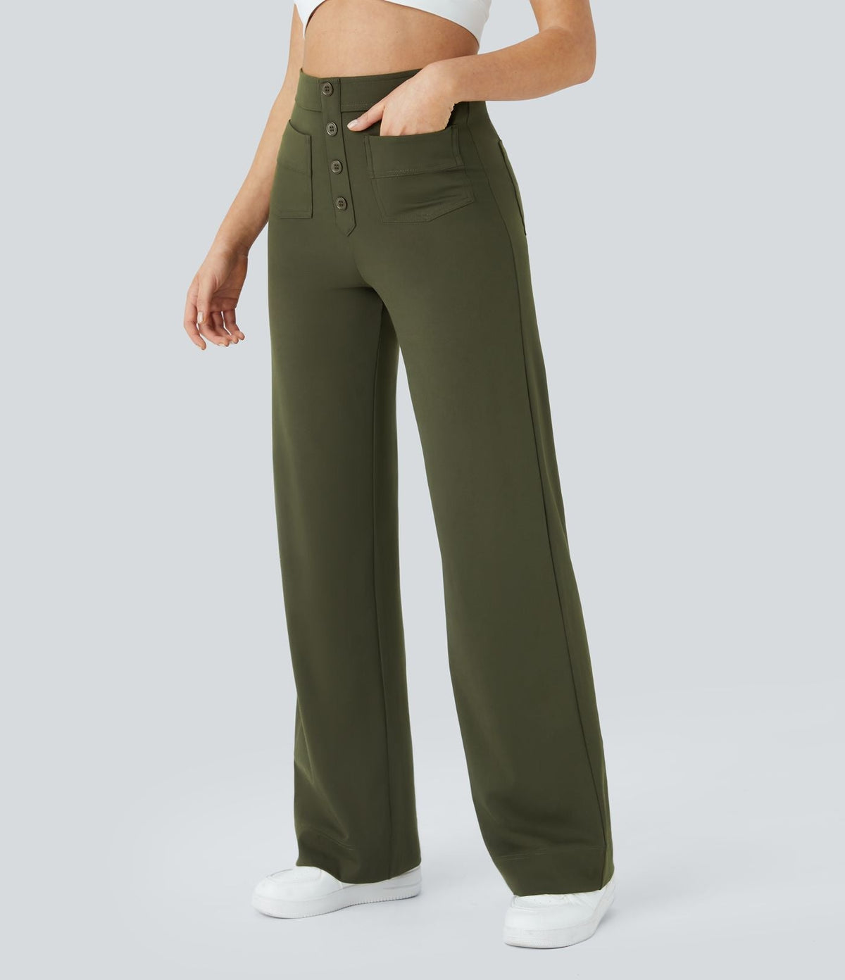 Pantalon élastique taille haute vert olive, fermeture par boutons, poches avant
