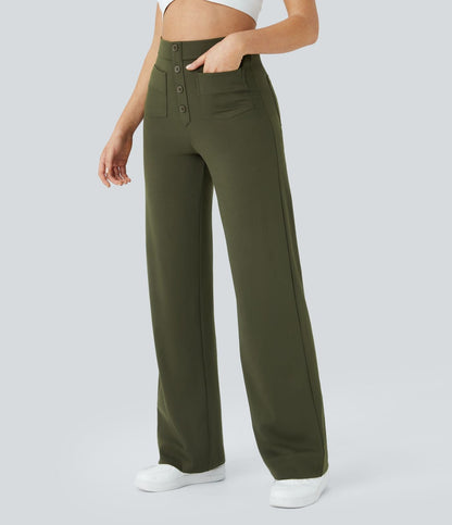 Pantalon élastique taille haute vert olive, fermeture par boutons, poches avant