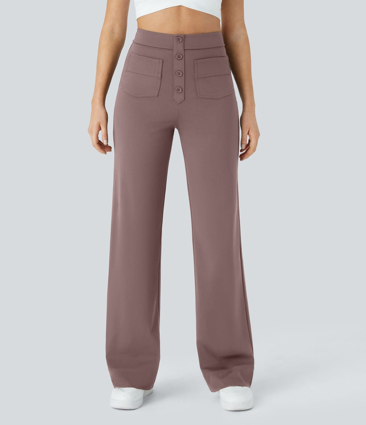 Pantalon élastique taille haute mauve, boutons devant, poches avant, jambes larges