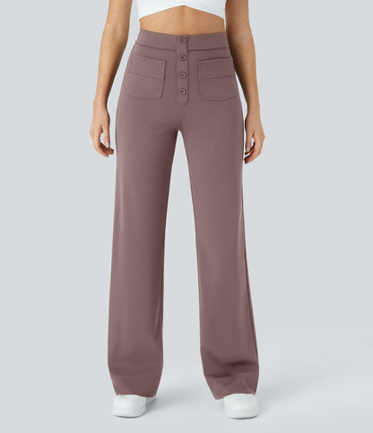 Pantalon élastique taille haute mauve, boutons devant, poches avant, jambes larges