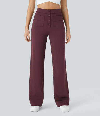 Pantalon élastique droit violet foncé avec taille élastiquée et poches plaquées à boutons