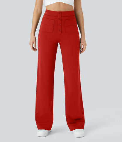 Pantalon élastique droit rouge avec taille élastiquée et poches plaquées à boutons