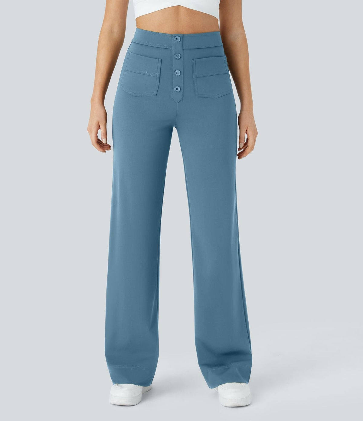Pantalon élastique droit bleu avec taille élastiquée et poches plaquées à boutons