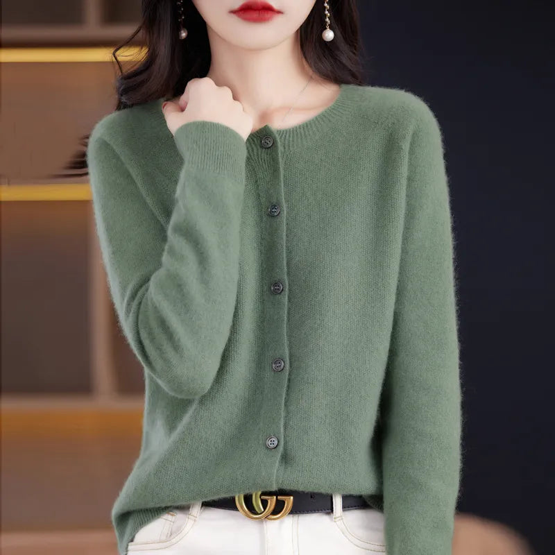 Chandail cardigan doux vert à boutons, col rond, manches longues