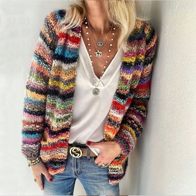 Cardigan rayé multicolore, manches longues, fermeture ouverte, col droit