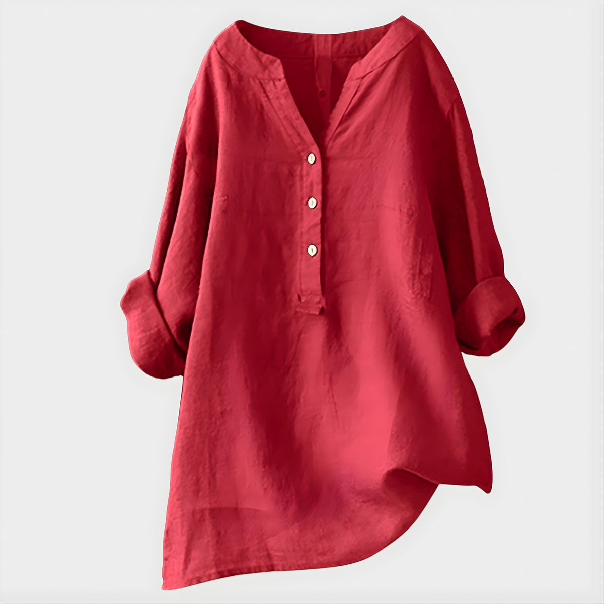 Blouse ample rouge à col en V et boutonnière, manches bouffantes 3/4