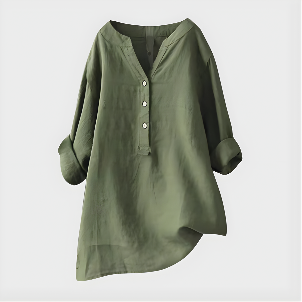 Blouse ample vert olive clair à col en V et boutonnière, manches bouffantes 3/4