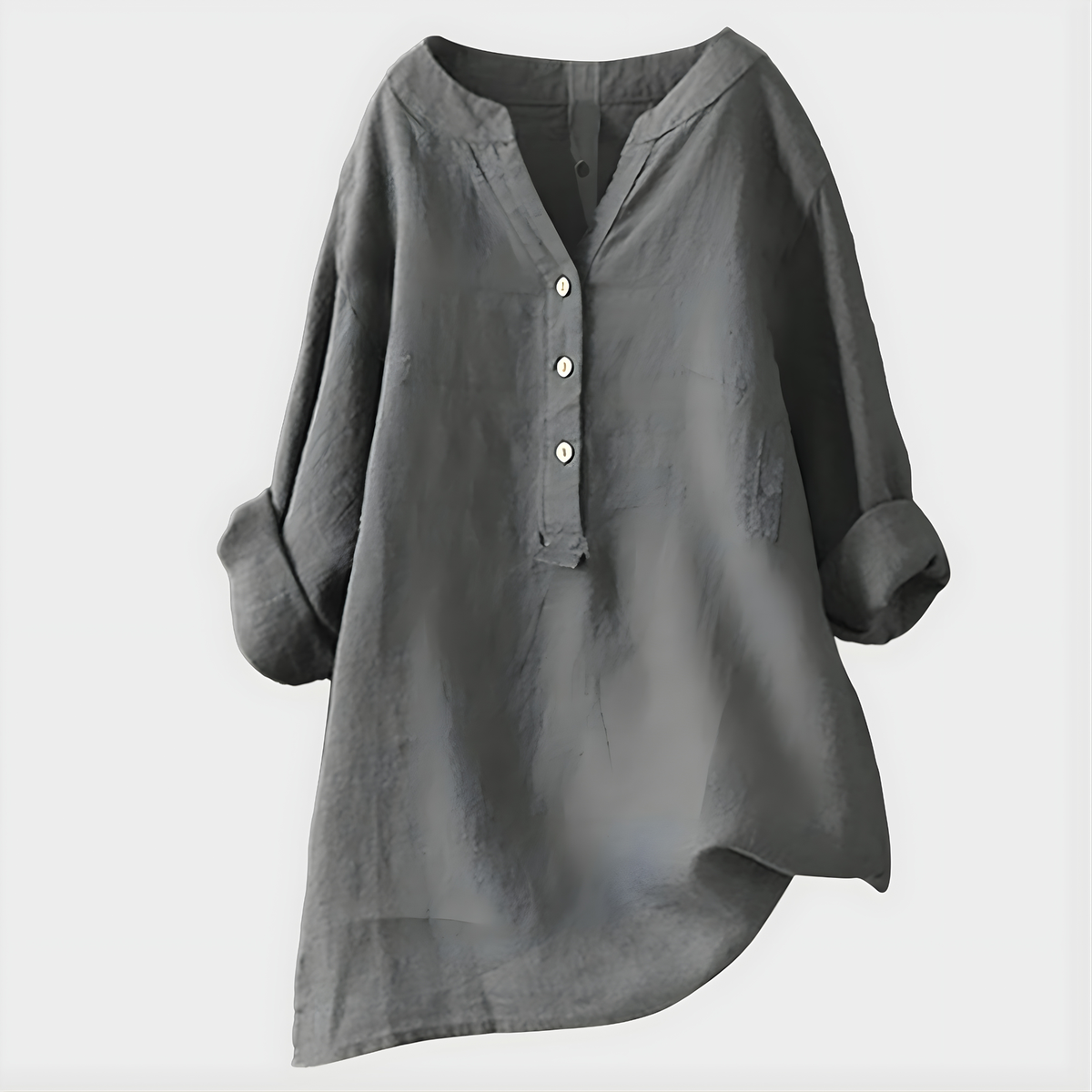Blouse ample grise à col en V et boutonnière, manches bouffantes 3/4
