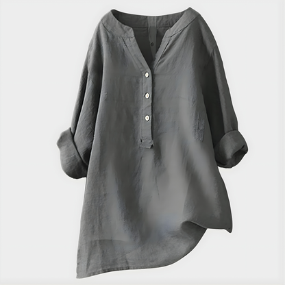 Blouse ample grise à col en V et boutonnière, manches bouffantes 3/4