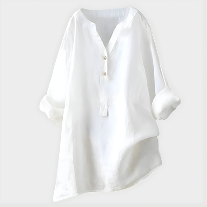 Blouse ample blanche à col en V et boutonnière, manches bouffantes 3/4