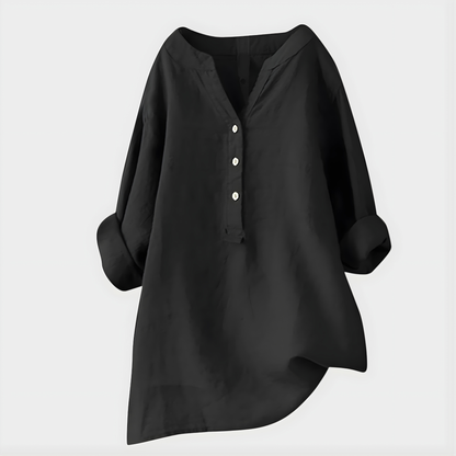 Blouse ample noire à col en V et boutonnière, manches bouffantes 3/4