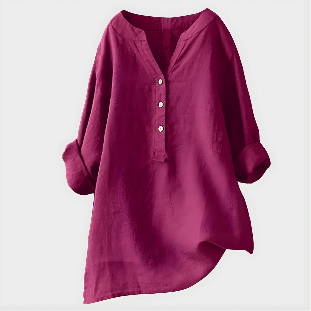 Blouse ample rose à col en V et boutonnière, manches bouffantes 3/4