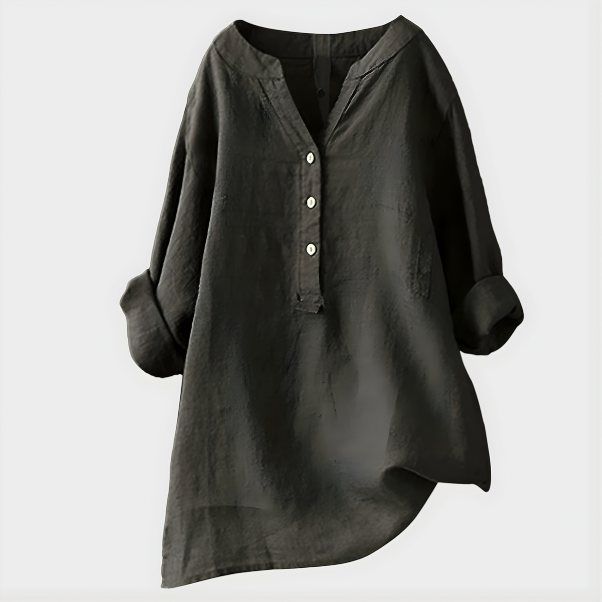 Blouse ample vert olive foncé à col en V et boutonnière, manches bouffantes 3/4