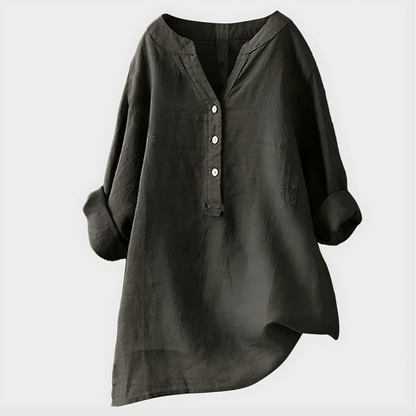 Blouse ample vert olive foncé à col en V et boutonnière, manches bouffantes 3/4