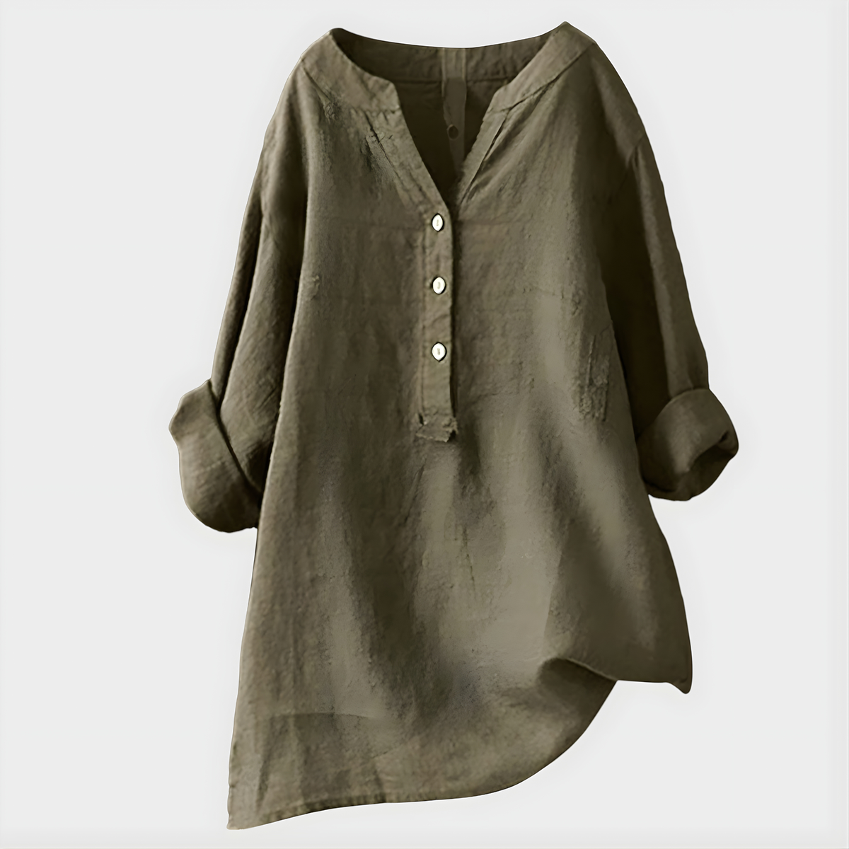 Blouse ample vert olive à col en V et boutonnière, manches bouffantes 3/4
