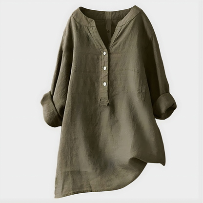 Blouse ample vert olive à col en V et boutonnière, manches bouffantes 3/4
