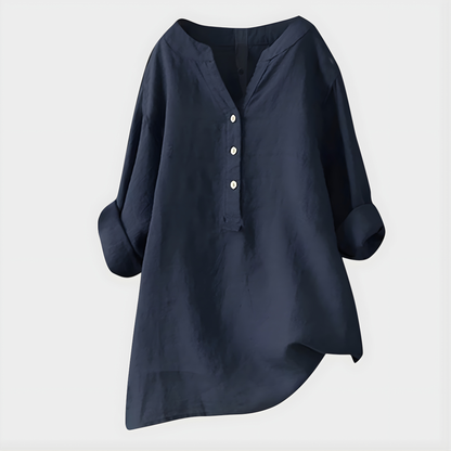 Blouse ample bleu marine à col en V, manches trois-quarts et patte boutonnée